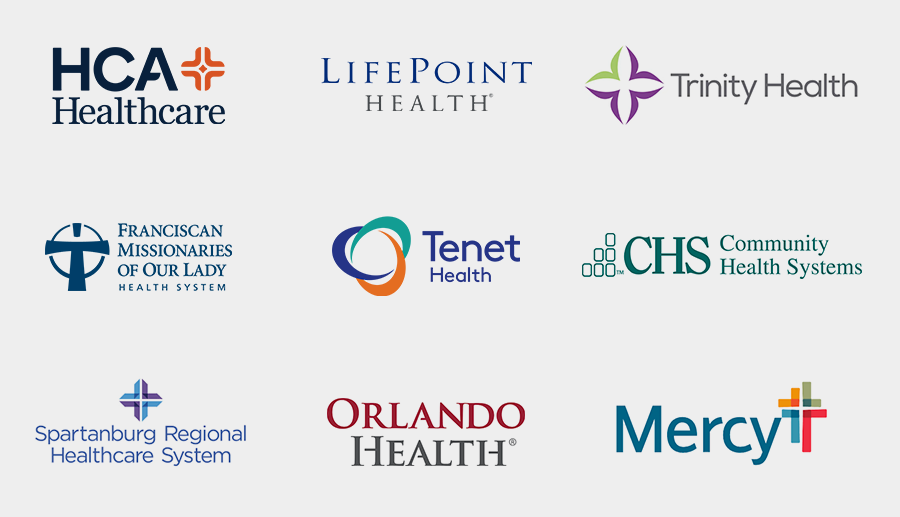 HCA Healthcare, Lifepoint Health, Trinity Health, Franciscan Missionaries of Our Lady Health System, Tenet Health, CHS Community Health Systems, Spartanburg, REgional Healthcare System, Orlando Health, and Mercy logos